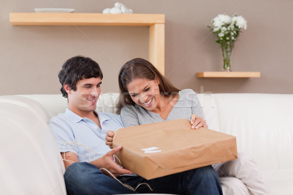 Young couple on the sofa opening parcel Stock photo © wavebreak_media
