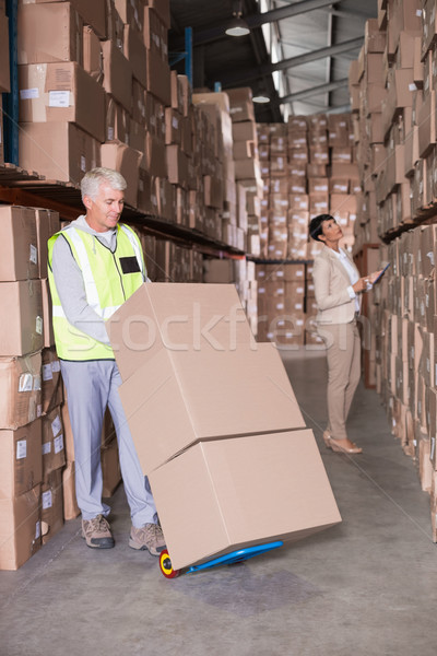 Warehouse worker moving boxes on trolley Stock photo © wavebreak_media