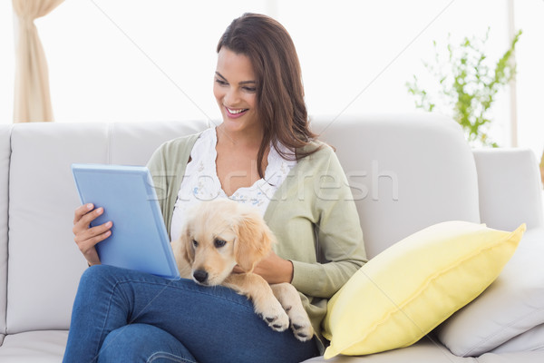 Bela mulher cão digital comprimido sofá feliz Foto stock © wavebreak_media
