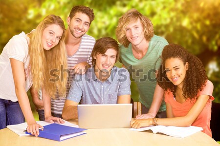 Stock fotó: összetett · kép · főiskola · diákok · laptopot · használ · könyvtár