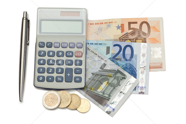 Foto stock: Efectivo · monedas · pluma · bolsillo · calculadora · blanco