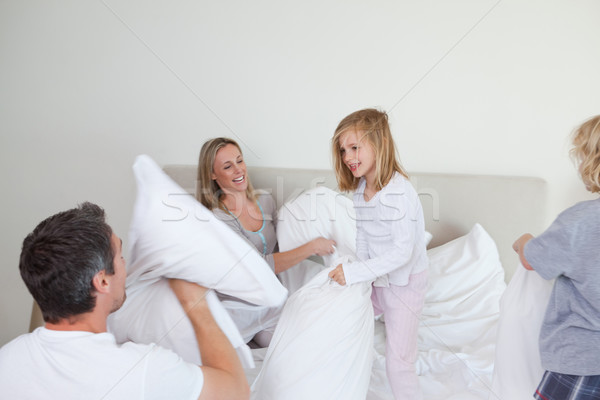 Aile yastık kavgası birlikte yatak odası adam anne Stok fotoğraf © wavebreak_media