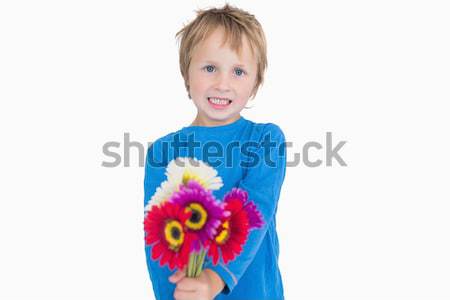 Stock photo: Portrait of cute young boy holding out flowers