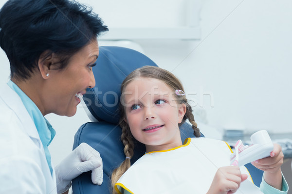 Female dentist teaching girl how to brush teeth Stock photo © wavebreak_media