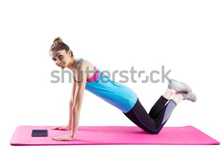 Foto stock: Encajar · mujer · prensa · hasta · feliz · salud