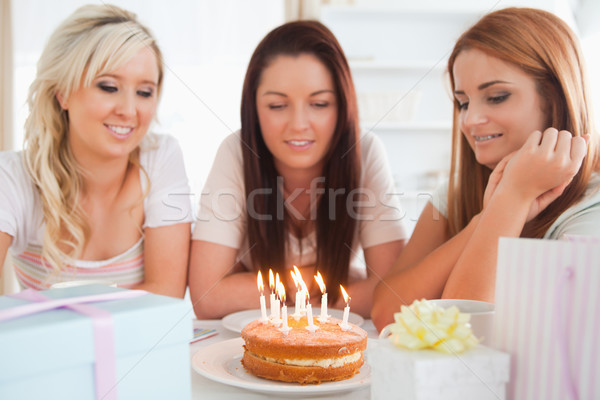 Charmant vrouwen vieren verjaardag keuken voedsel Stockfoto © wavebreak_media