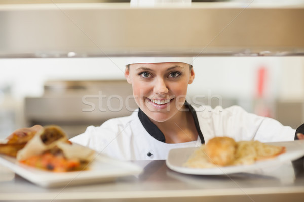 Chef handing dinner plates through order station in the kitchen Stock photo © wavebreak_media