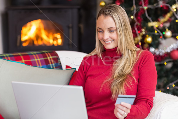 Stock fotó: Nő · online · vásárlás · laptop · hitelkártya · otthon · nappali
