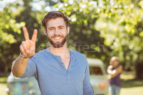 élégant souriant caméra voiture arbre [[stock_photo]] © wavebreak_media