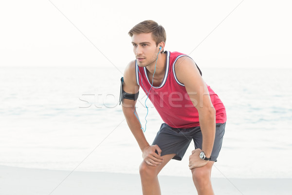 Stock foto: Konzentrieren · gut · aussehend · Läufer · Pause · Strand · Frühling