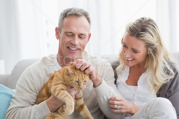 Smiling couple petting their gringer cat on the couch Stock photo © wavebreak_media