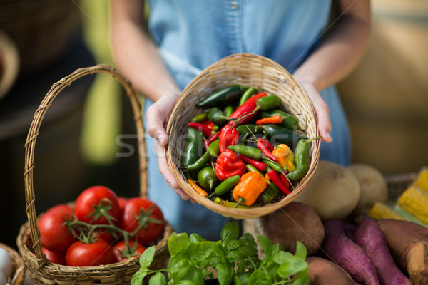 Stock fotó: Nő · tart · harang · paprikák · fonott · kosár