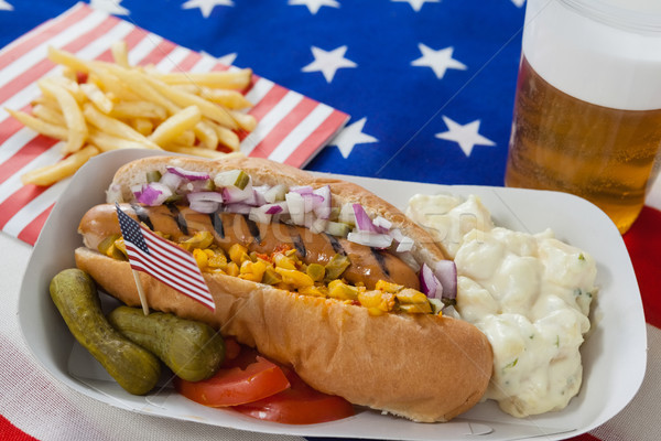 Hot dog served on plate with french fries and beer Stock photo © wavebreak_media