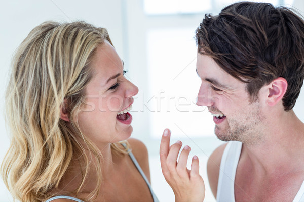 Foto stock: Feliz · Pareja · casa · bano · mujer