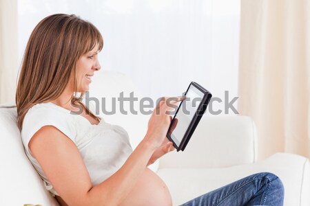 Stockfoto: Geconcentreerde · vrouw · vergadering · sofa · betaling