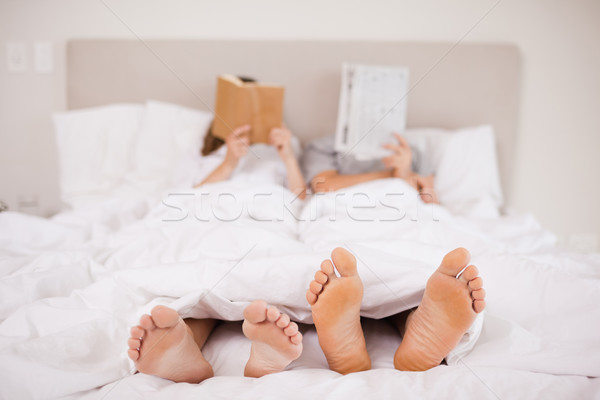 Сток-фото: пару · чтение · сокрытие · лицах · спальня · любви