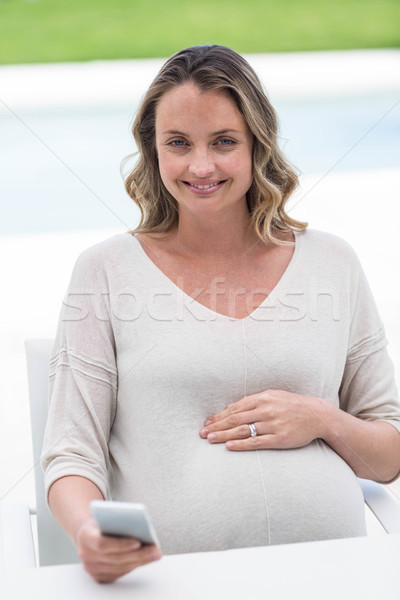 Foto stock: Mulher · grávida · mulher · telefone · casa · grávida