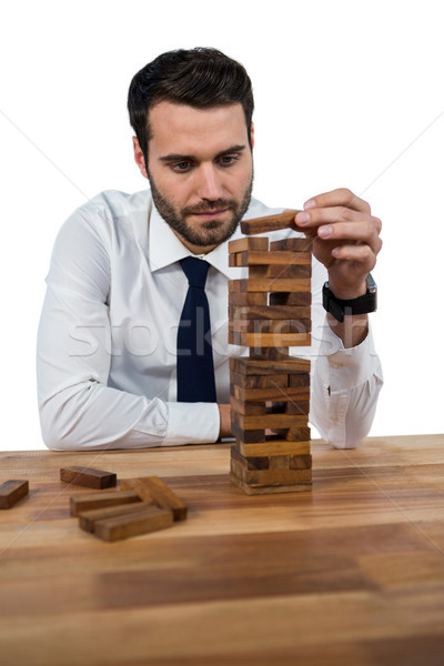 Foto stock: Empresário · jogar · blocos · de · construção · branco · negócio · homem