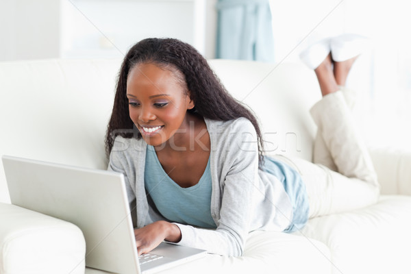 Foto stock: Sorrindo · sofá · surfe · internet · casa · laptop