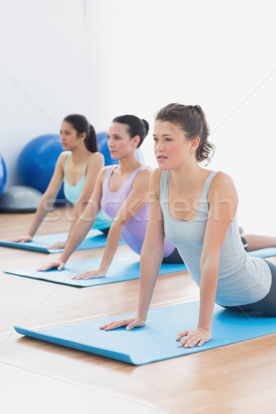 Stock photo: Class doing the cobra pose in fitness studio