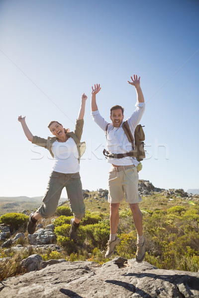 Hiking couple jumping and cheering on rocky terrain Stock photo © wavebreak_media