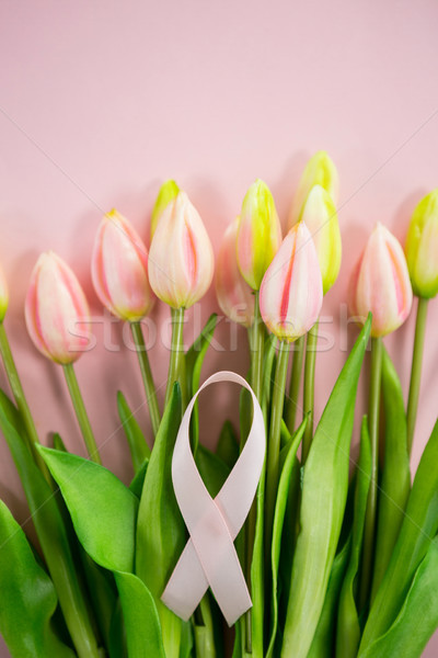 Overhead view of Breast Cancer Awareness ribbon on tulip flowers Stock photo © wavebreak_media