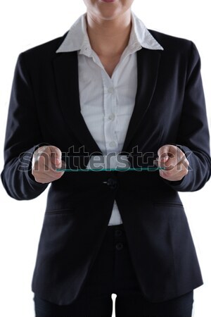 Foto stock: Mujer · de · negocios · visitante · tarjeta · blanco