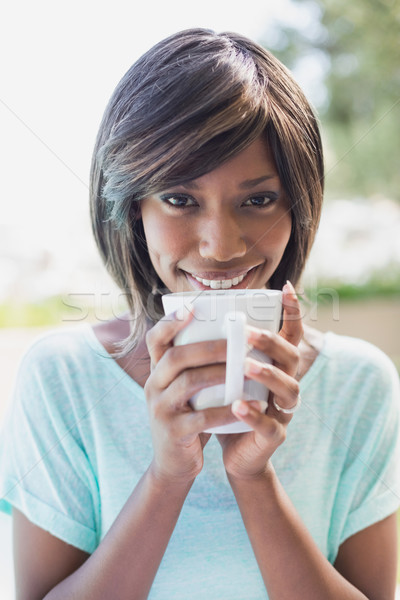 Stockfoto: Mooie · vrouw · vergadering · buiten · koffie · huis