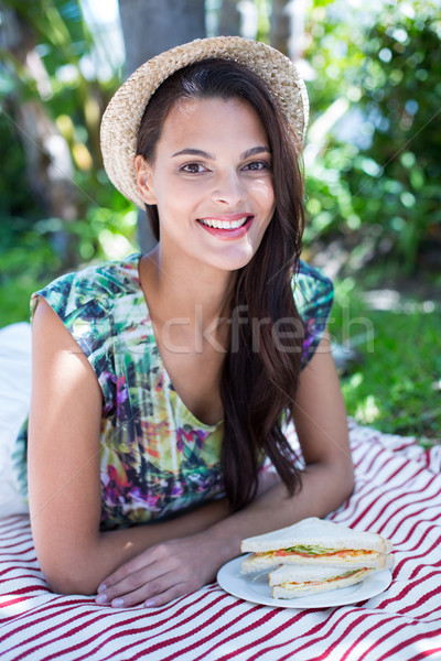 Sonriendo hermosa morena picnic mirando cámara Foto stock © wavebreak_media