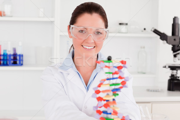 Smiling scientist showing the dna double helix model Stock photo © wavebreak_media