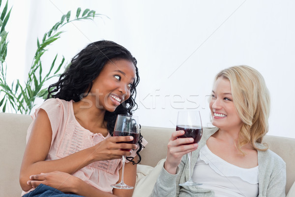 Deux femmes séance canapé verres à vin verre [[stock_photo]] © wavebreak_media