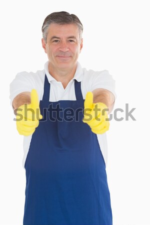 Stockfoto: Man · rubberen · handschoenen · Blauw · schort · mannelijke