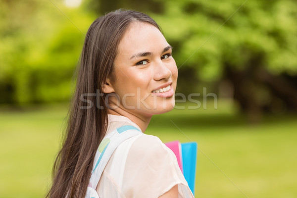 Foto stock: Retrato · sonriendo · estudiante · hombro · bolsa