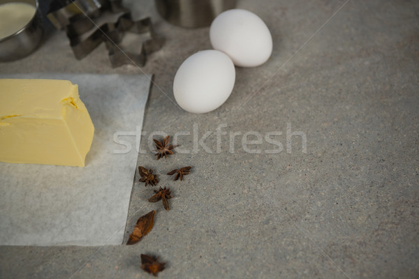Stock photo: High angle view of butter and egg with spices