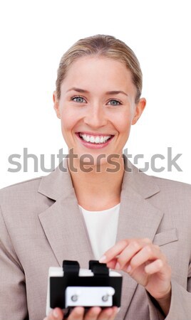 Foto stock: Sorridente · empresária · consultor · cartão · de · visita · isolado · branco