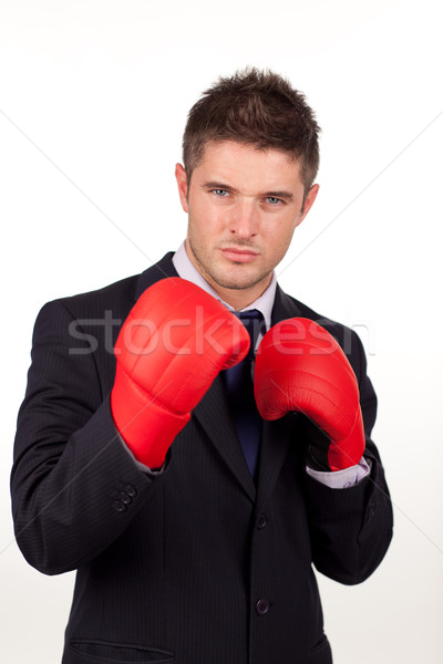 Foto stock: Empresário · luvas · de · boxe · câmera · foco · homem · negócio