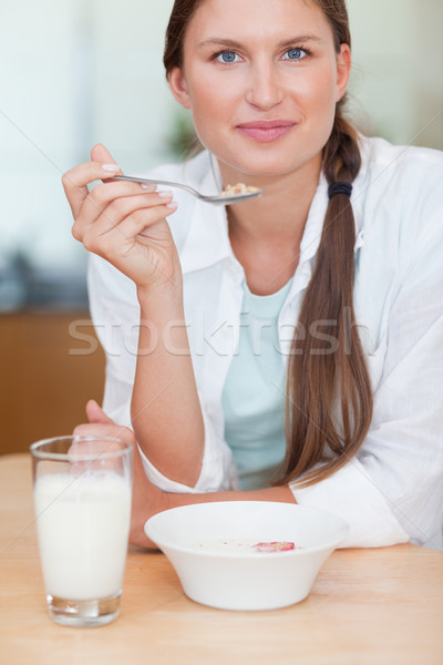 Foto stock: Retrato · sereno · mujer · desayuno · cocina · salud