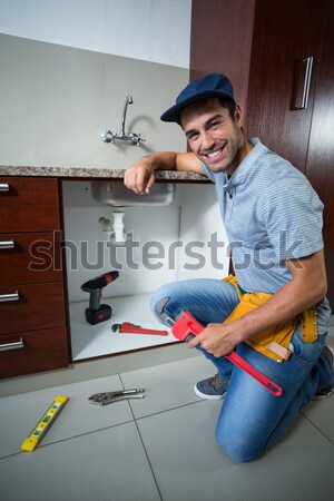 Foto stock: Encanador · afundar · banheiro · homem · feliz