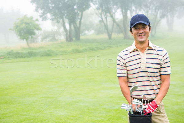 Stockfoto: Vrolijk · golfer · glimlachend · camera · golftas