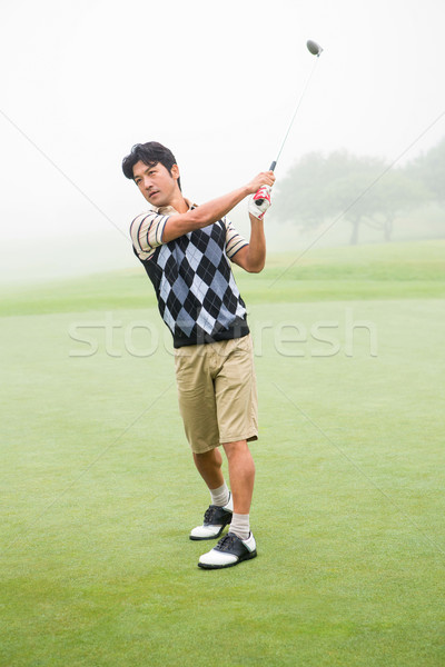 Foto stock: Jogador · de · golfe · campo · de · golfe · nuvens · esportes · verde