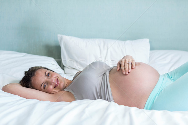 Stockfoto: Zwangere · vrouw · kraal · slaapkamer · gelukkig · home · zwangere