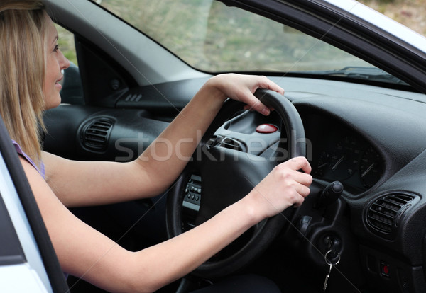 Stockfoto: Charmant · vrouwelijke · bestuurder · wiel · vrouw