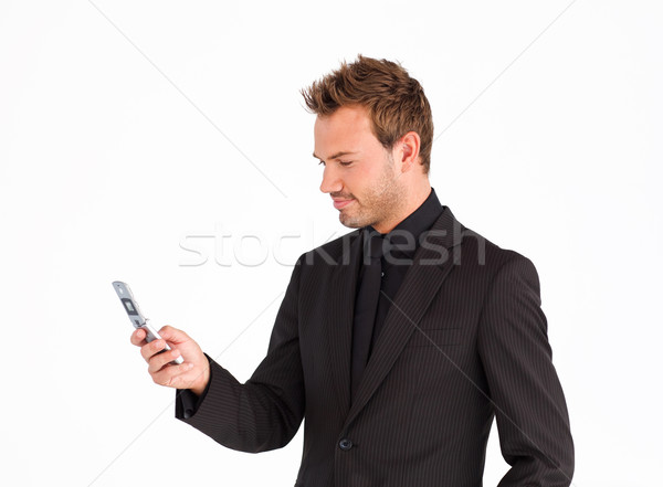 Stock foto: Anziehend · Geschäftsmann · Text · Handy · Business