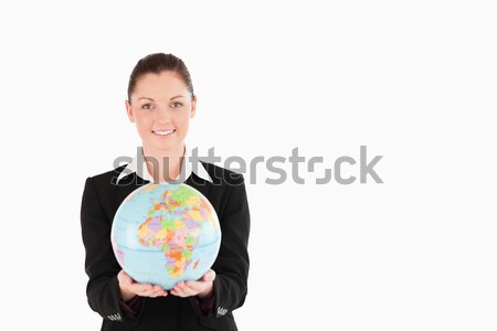 Foto stock: Mulher · atraente · terno · globo · em · pé · branco