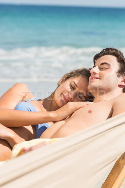 Stockfoto: Gelukkig · paar · samen · hangmat · strand · vrouw