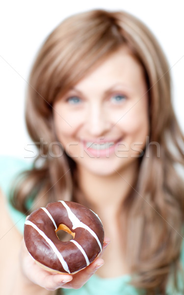 Mosolygó nő eszik torta fehér étel portré Stock fotó © wavebreak_media