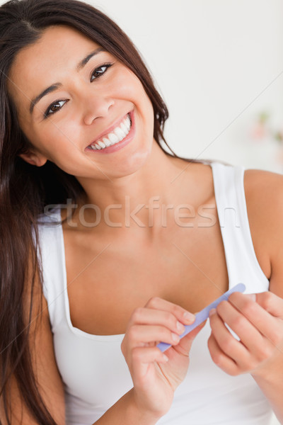 Stockfoto: Vrouw · nagels · slaapkamer · hand · gezicht · gelukkig