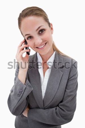 Stockfoto: Glimlachend · bank · werknemer · mobieltje · witte · telefoon