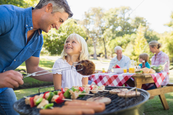 Stock fotó: Boldog · apa · barbecue · lánygyermek · napos · idő · tavasz