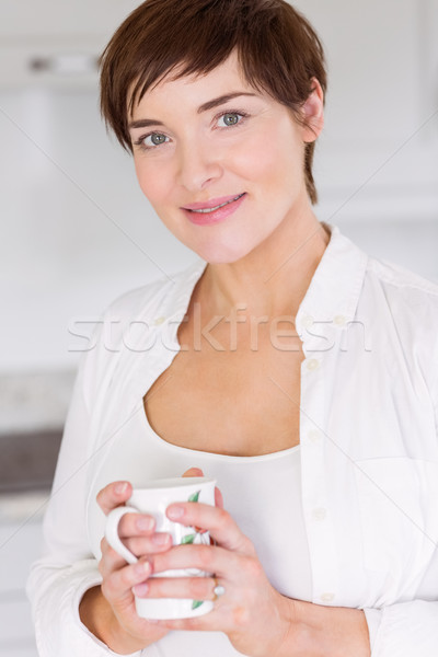 Foto stock: Mulher · grávida · bebida · quente · casa · cozinha · feliz · grávida